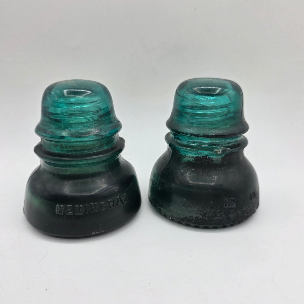 Vintage Hemingray No 40 Glass Insulators Pair Aqua Blue Green Drip Point Base